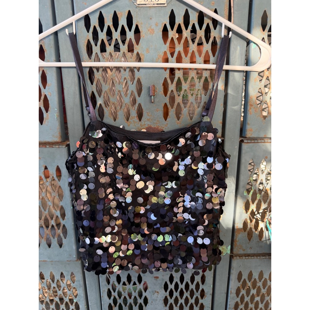 Leith Womens Black Sequin Camisole Crop Top Adjustable Straps Size XXS